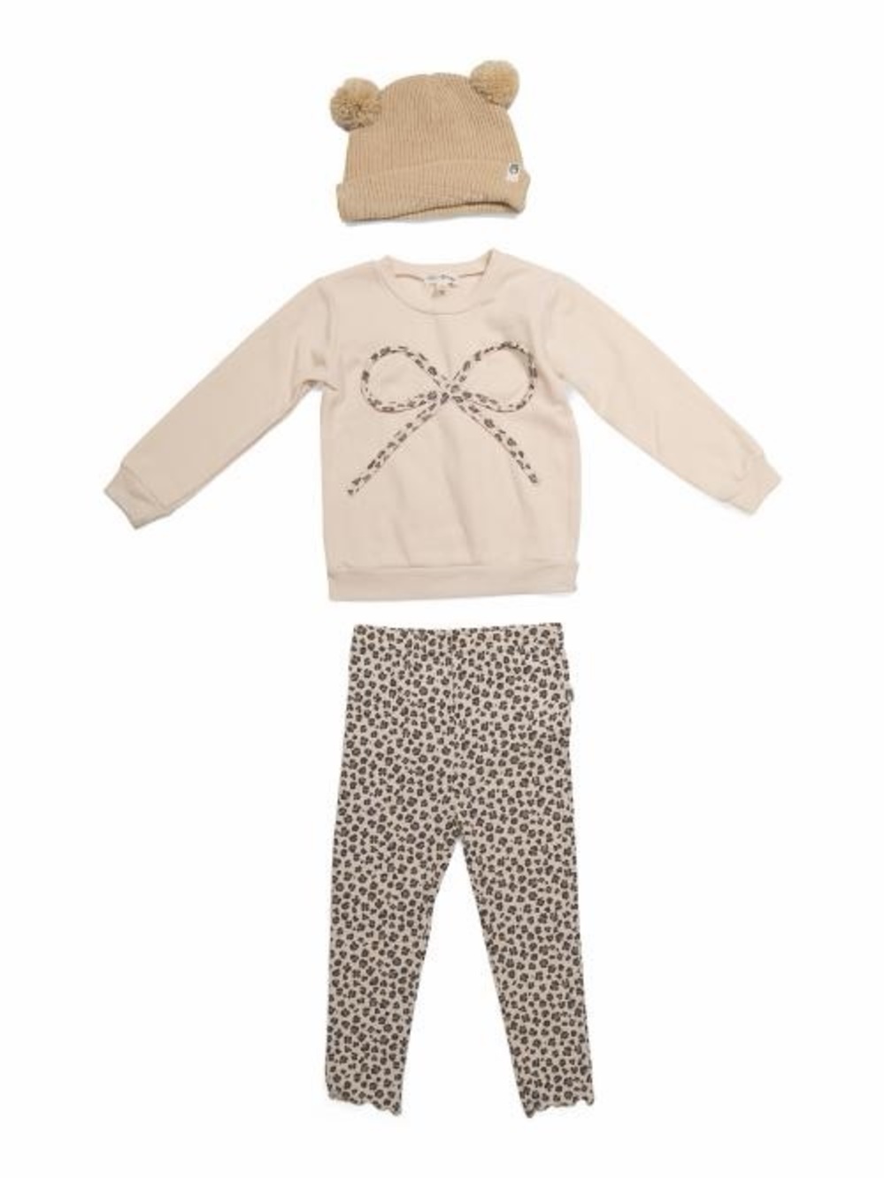 Girls Cream Bow Top & Leopard Legging Pajama Set with Pom Pom Hat